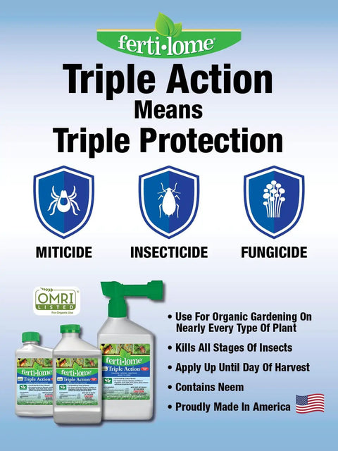 Triple Action Plant Defense Spray 32 Oz All In One Insecticide Miticide Fungicide infographic with product benefits and features