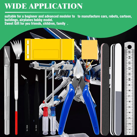 Must Have 17 Piece Hobby Model Tool Kit With Flush Pliers, mini file, craft knife, sanding strips, tweezers, ruler, and screwdrivers