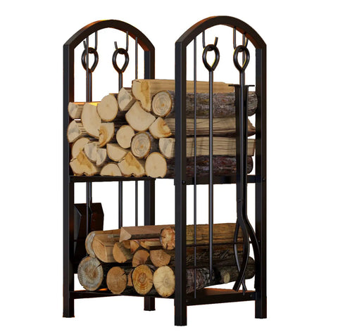 Five Piece Firewood Log Rack And Tools Set For Fireplace And Fireside Use Black Storage Holder For Logs And Lumber Rust Resistant