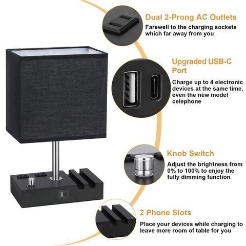 Dope Dual USB Dimmable Bedside Lamp With Phone Stand And Type C Charging Ports Black Desk Lamp with features and outlets