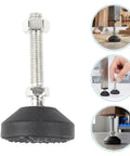 Six Pack Adjustable Leveling Feet With Lock Nuts For Cabinets And Lab Tables Rubber And Metal Construction For Vibration Absorption And Floor Protection M10x50mm Threaded Easy Height Adjustment On Uneven Floors shown in use