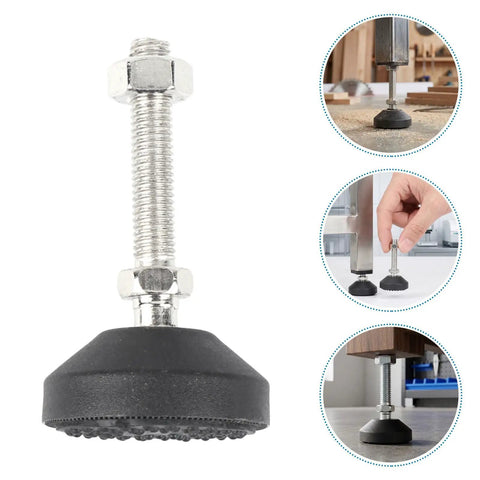 Six Pack Adjustable Leveling Feet With Lock Nuts For Cabinets And Lab Tables Rubber And Metal Construction For Vibration Absorption And Floor Protection M10x50mm Threaded Easy Height Adjustment On Uneven Floors shown in use