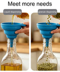Four Pack Foldable Silicone Funnels Designed To Ditch The Drips And Streamline Liquid Transfers Between Kitchen Bottles Home Bars And Road Trip Gear For A Hassle Free Pour Every Single Time, showing liquid and granule dispensing.