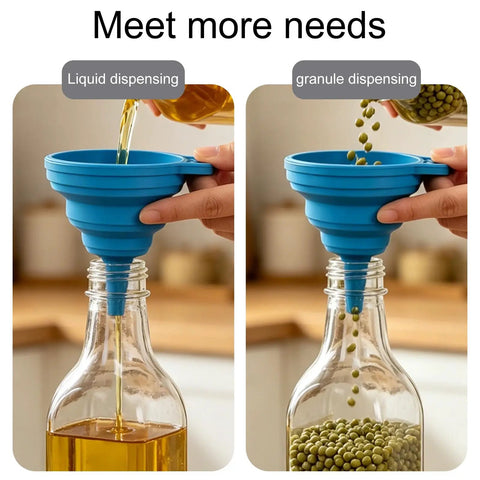 Four Pack Foldable Silicone Funnels Designed To Ditch The Drips And Streamline Liquid Transfers Between Kitchen Bottles Home Bars And Road Trip Gear For A Hassle Free Pour Every Single Time, showing liquid and granule dispensing.