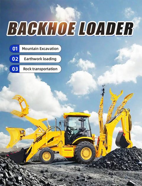 Workhorse Backhoe Loader For Pro Construction And Farming Use With Front Loader And Backhoe Attachments in rugged landscape