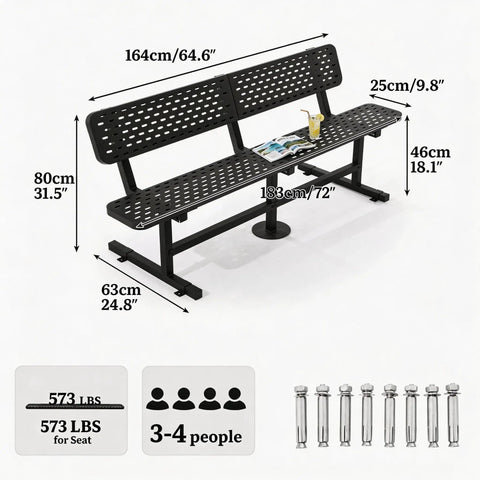 Built Tough 6 Foot Outdoor Bench With Back, Rust Resistant Thermoplastic Coated Steel Frame, Weatherproof Park Bench