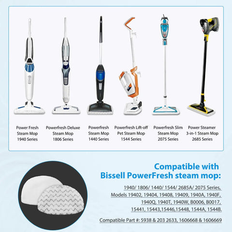 Image showing five Bissell steam mop models with text about 8 Pack Steam Mop Replacement Pads For Bissell PowerFresh Fits 1940 Series, 2075A.