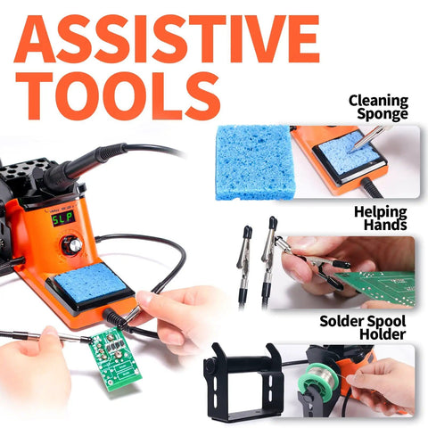 60W LED Display Soldering Station Kit With 2 Helping Hands, Cleaning Sponge, Solder Spool Holder, and Pro-Grade Tweezers