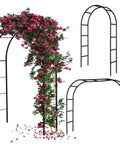 3 Pack Metal Garden Arch Trellis For Wedding Arches And Pergolas 7.9 Feet Tall Adjustable Black with flowers and empty frame