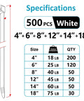 Assorted Zip Ties Pack 4 To 18 Inches Clear White, Multi Size With 18Lb To 75Lb Tensile Strength, 500 Count specification chart.