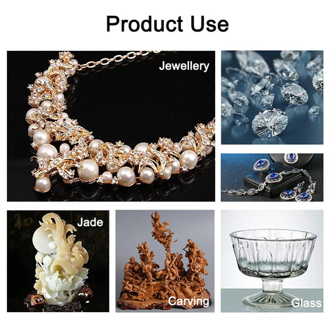 All In One Rotary Tool Polishing Wheels Kit Pro Grade shown in jewelry, jade, glass, and woodwork applications