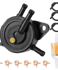 Premium Heavy Duty Fuel Pump For Lawn Mower Golf Carts And Utility Vehicles With Filter And Oil Hose Compatible With Kohler Briggs And Stratton Mikuni Cub Cadet Club Car John Deere Kawasaki Yamaha 808492 And 808656, shown with included filter, hoses, and clips.