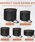 Road Tough Full Size Five Piece Drum Case Set With Killer Thick Padding For 10 Inch 12 Inch Toms 14 Inch Snare 16 Inch Floor Tom And 22 Inch Bass Drum Bags, display of drum bags.