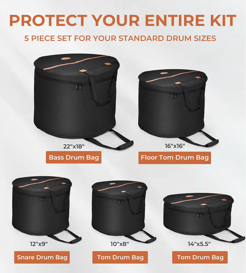 Road Tough Full Size Five Piece Drum Case Set With Killer Thick Padding For 10 Inch 12 Inch Toms 14 Inch Snare 16 Inch Floor Tom And 22 Inch Bass Drum Bags, display of drum bags.