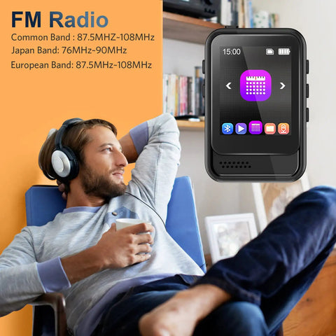 Man relaxing with headphones alongside Bluetooth 5.3 Portable Music Player With Built In Speaker And Micro SD Slot Up To 512GB FM Radio Video Playback Voice Recording Earphones Included Kid Friendly Gift For Kids On The Go Jogging Or Travel.