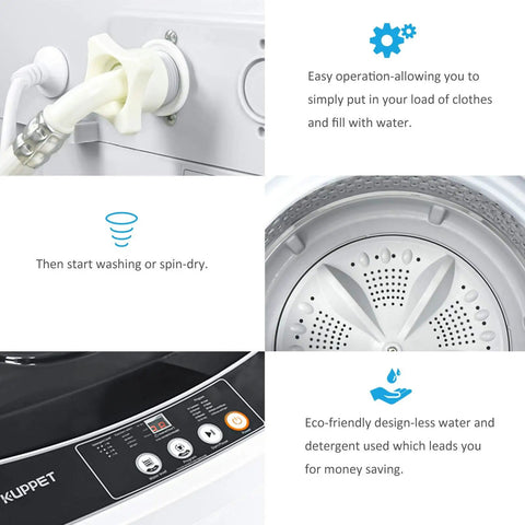 Fully Automatic Portable Washing Machine With Ten Pound Capacity Two In One Laundry System Made For Tight Quarters College Dorms And Camper Vans Featuring No Sweat Setup and controls for easy operation.