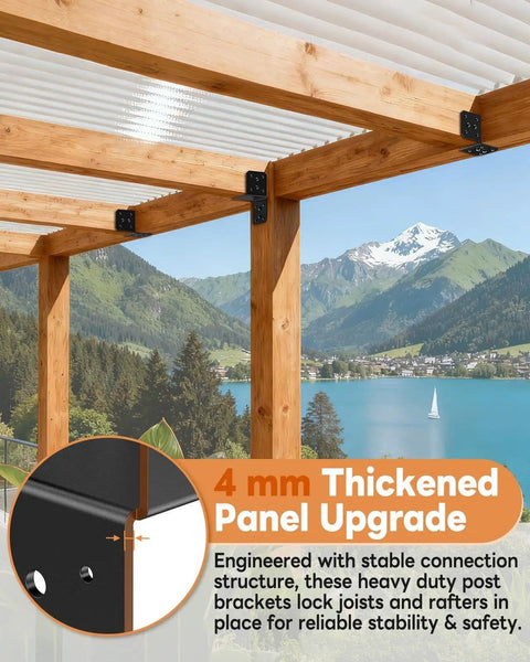 Beefy Four Pack Heavy Duty 4x4 Post Anchor and Joist Connector Brackets Without Screws securing wood beams on pergola.