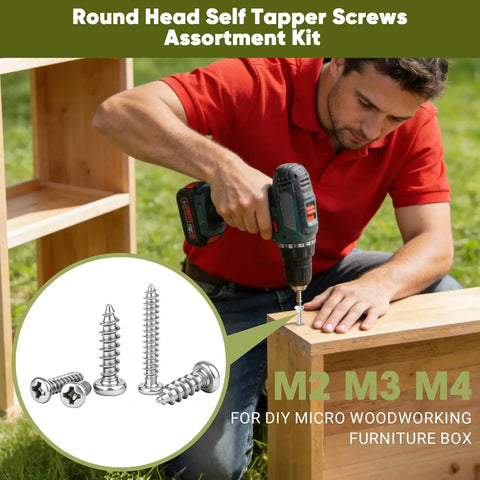 Man using a drill and screws from 625 Piece 14 Size Self Tapping Screws Kit For Plastic And Metal M2 M3 M4 Phillips Pan Head Cross