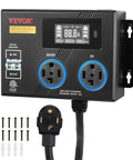 Top Tier EV Charger Splitter Switch Nema 14 30 Straight Up Reliable Dual Outlet Power Hub showing dual outlets and digital screen.