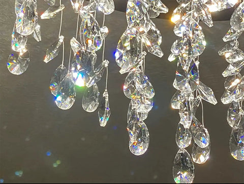 Close-up of crystal petals on 20 Inch Modern Crystal Chandelier With Dimmable LED Lighting For Living Room, Dining Room, Foyer And Bedroom, High Ceiling Pendant Light, Lit Crystal Fixture, 3000K-6000K Color Temp, Remote Dimmable