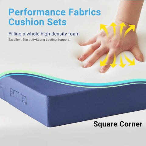 Hand pressing navy blue Outdoor Cushions For Patio Furniture Navy Blue Set Waterproof And Fade Resistant 24 By 24 By 5.75 Inch Seat Cushion And 25 By 22 Inch Back Cushion With Removable Cover For Cozy Durable Outdoor Seating