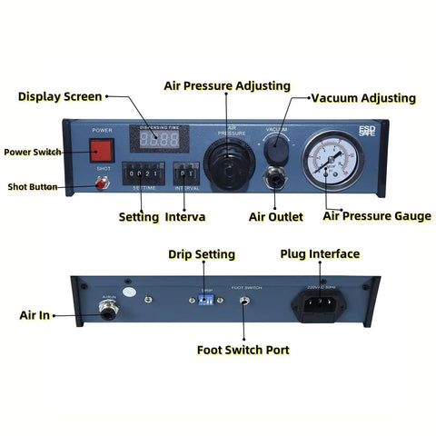 Front panel of 110V Automatic Glue Drip Dispenser for Electronics with digital display and 983A controller