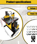 Beilockery Electric Hydraulic Busbar Processor Machine showing 110V, 750W design with cutting and bending tools for copper aluminum work.