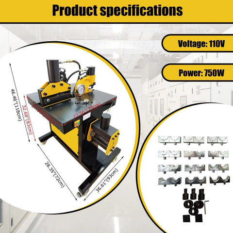 Beilockery Electric Hydraulic Busbar Processor Machine showing 110V, 750W design with cutting and bending tools for copper aluminum work.
