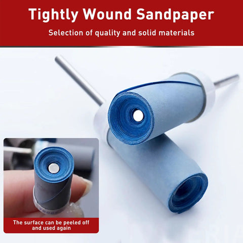 Close-up of 20Pcs 320 Grit Sanding Drums And Sandpaper Sticks Set, tightly wound with one eighth inch shank for rotary tools.