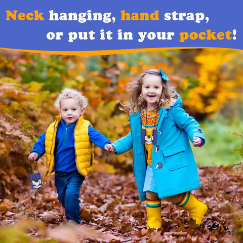 Real Binos For Kids 8x21 Compact And Shockproof Folding Mini Binos For Bird Watching Travel Camping Gift For Boys And Girls Ages 3-12 High Resolution Optics Soft Eyeguards Blue kids wearing binoculars on neck strap and hand strap in autumn