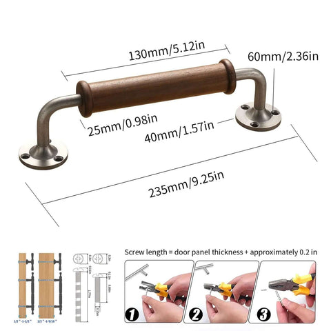 Two Pack Walnut Wood Door Pull Handles With Antique Nickel Backplates, size dimensions and installation instructions displayed.