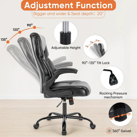 Ergonomic High Back Gaming Chair With Smooth Wheels For Long Hours Heavy Duty Desk Office Chair Flip Up Armrests Adjustable Height PU Leather Boss Level Comfort And Back Support, side view showing adjustable functions and tilt lock.