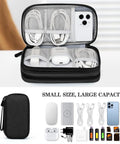 Open view of Travel Cable Organizer Pouch For Electronics Gear Accessories Carry Case Portable Waterproof Dual Layer All In One Storage Bag For Cords Chargers Phones Earbuds Black with cables and phone.
