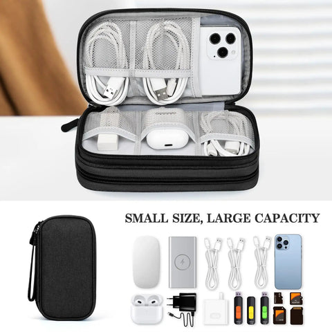 Open view of Travel Cable Organizer Pouch For Electronics Gear Accessories Carry Case Portable Waterproof Dual Layer All In One Storage Bag For Cords Chargers Phones Earbuds Black with cables and phone.
