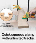 Grr-rip Grip-Strong Dovetail Clamps Two-Pack For Woodworking Jigs And Sleds - T-Track Compatible Squeeze-Action Clamp Set, 150 Lbs Holding Power, Fits One Half Inch Dovetail Grooves, Yellow in use on wooden plank.