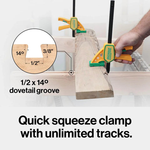 Grr-rip Clamp 4-Pack For Dovetail Grooves, One-Handed Squeeze Action Clamp With Up To 150 Lb Holding Power in use on wood track