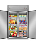 Heavy Duty Commercial Refrigerator And Freezer Combo Sleek Stainless Steel Design with fresh produce and frozen goods displayed.