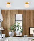 Gold Finish Schoolhouse Light Fixture 9 Inch Retro Vibe Modern Mid Century Semi Flush Mount Ceiling Light With Opal Milk Glass Shade in kitchen