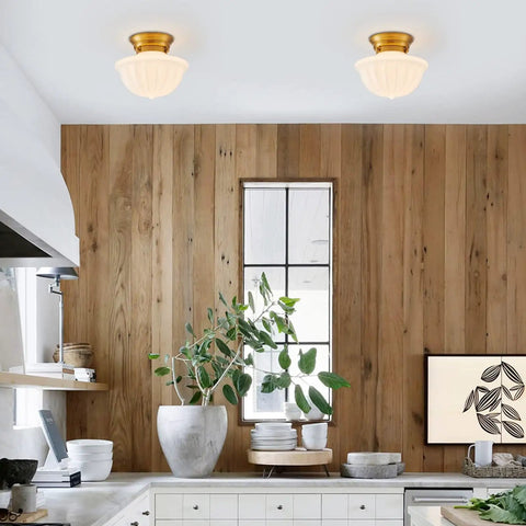 Gold Finish Schoolhouse Light Fixture 9 Inch Retro Vibe Modern Mid Century Semi Flush Mount Ceiling Light With Opal Milk Glass Shade in kitchen