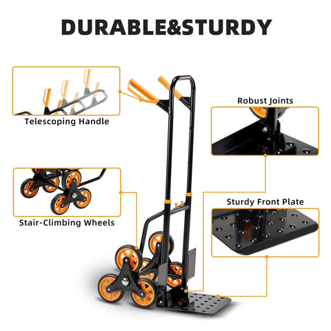 Heavy Duty Stair Climber Hand Truck Dolly With Dual Tri Wheel System For Stairs, 265 Lb Capacity, Foldable Steel Frame, telescoping handle shown with stair-climbing wheels