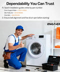 Technician with tools next to dryer, showcasing Dryer Repair Kit With One Piece Injection Molded Drum Roller And Idler Pulley Belt Replacement