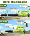 Assembly guide for Cordless Leaf Blower With Dual 4Ah Batteries And Charger, showing long and short form setup options.