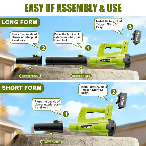 Assembly guide for Cordless Leaf Blower With Dual 4Ah Batteries And Charger, showing long and short form setup options.