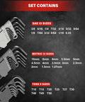 35-Piece Allen Wrench Set With Ball End And Long Arms, Includes Metric SAE And Torx Bits size chart display