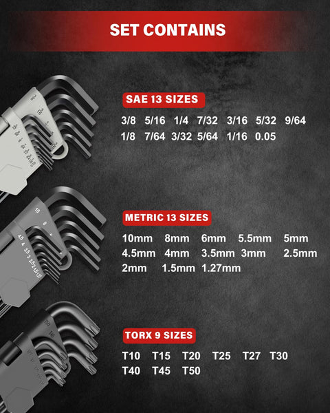 35-Piece Allen Wrench Set With Ball End And Long Arms, Includes Metric SAE And Torx Bits size chart display