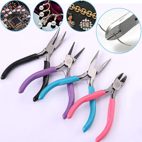 4 Piece Jewelry Pliers Set For Beading And Jewelry Making Including Needle Nose Pliers, Round Nose Pliers, Bent Nose Pliers And Wire Cutter Handy Tools Kit For Bracelet Craft, Wire Wrapping, And DIY Jewelry displayed on white background