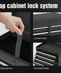 Top cabinet lock system of Five Drawer Rolling Tool Cabinet With Detachable Top Box, showing locked and unlocked states.