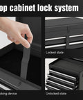 Top cabinet lock system of Five Drawer Rolling Tool Cart With Detachable Cabinet Heavy Duty Pro Grade Mobile Tool Chest.