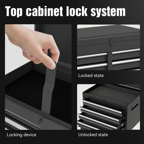 Top cabinet lock system of Boss Level Shop Storage Roll This Five Drawer Tool Chest Straight To Your Garage With A Snazzy Detachable Top Box And Heavy Duty Black Finish For Seamless Rolling.