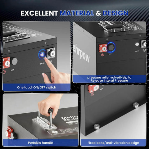 Badass 36V 100Ah Lithium Golf Cart Battery with smart design features, including handle and one touch switch.